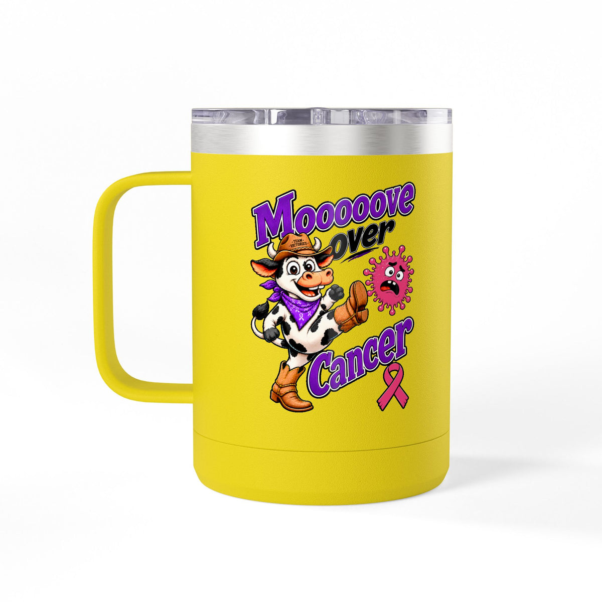 Mooove Over Cancer cow design on a yellow insulated mug with a pink Breast Cancer awareness ribbon