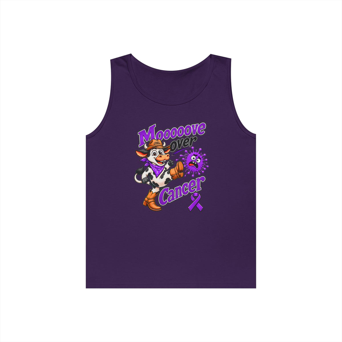 Moooove Over Cancer purple tank top with Pancreatic Cancer awareness ribbon artwork