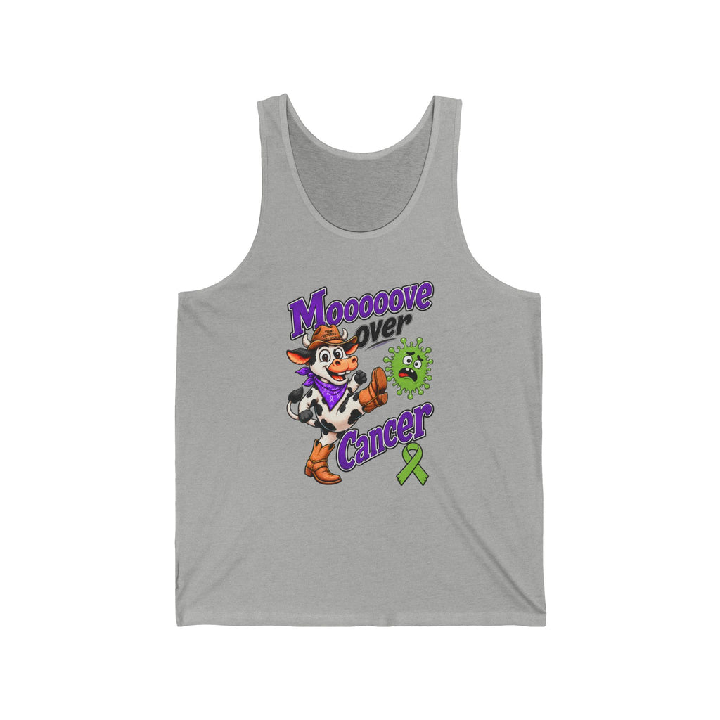 Gray Moooove Over Cancer tank top with cow-inspired design and Non-Hodgkin/Lymphoma Cancer awareness ribbon