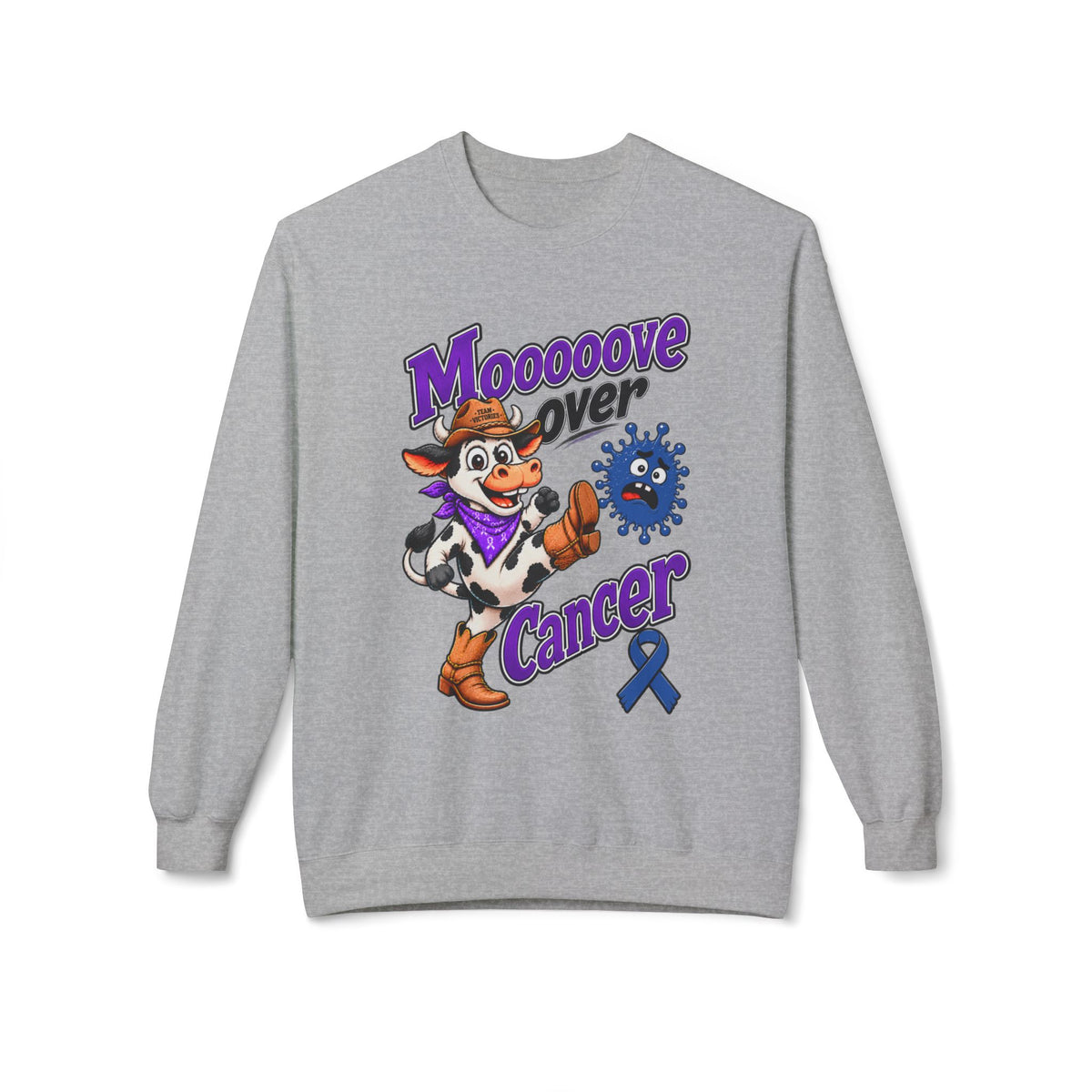 Back view of white Moooove Over Cancer crewneck sweatshirt