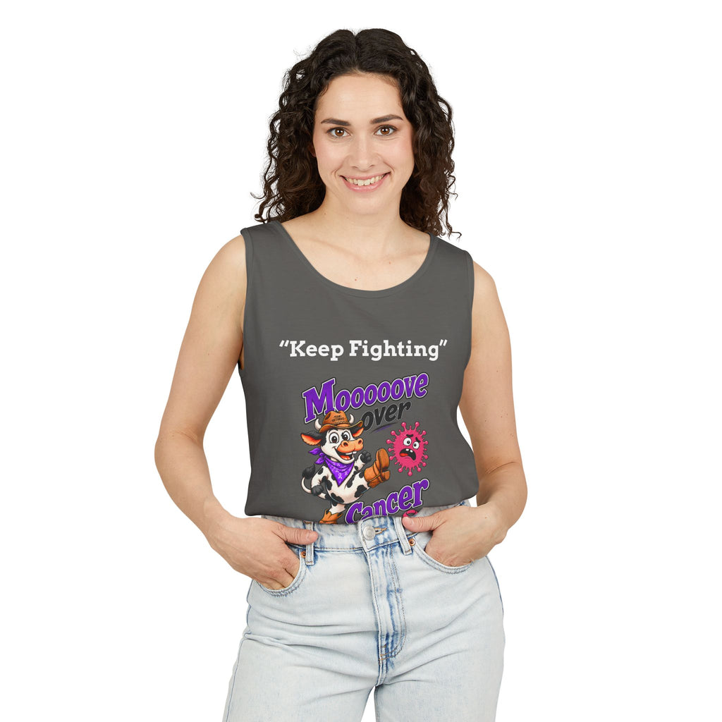 Man modeling gray Moooove Over Cancer tank top with You Got This message