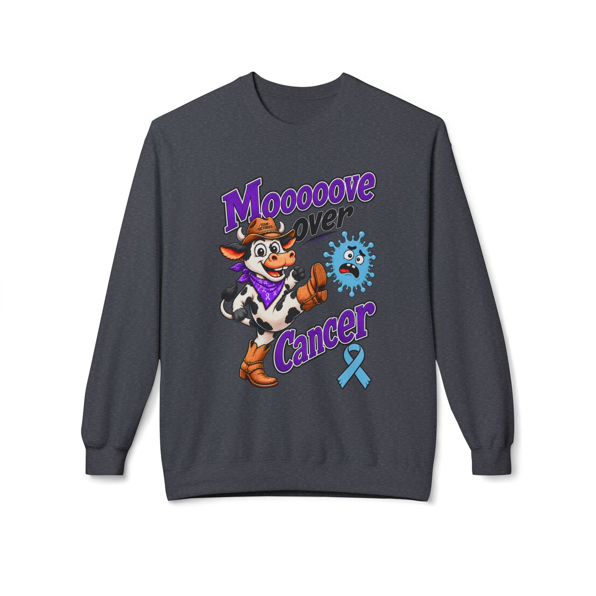 Gray Moooove Over Cancer sweatshirt featuring a Prostate Cancer awareness ribbon