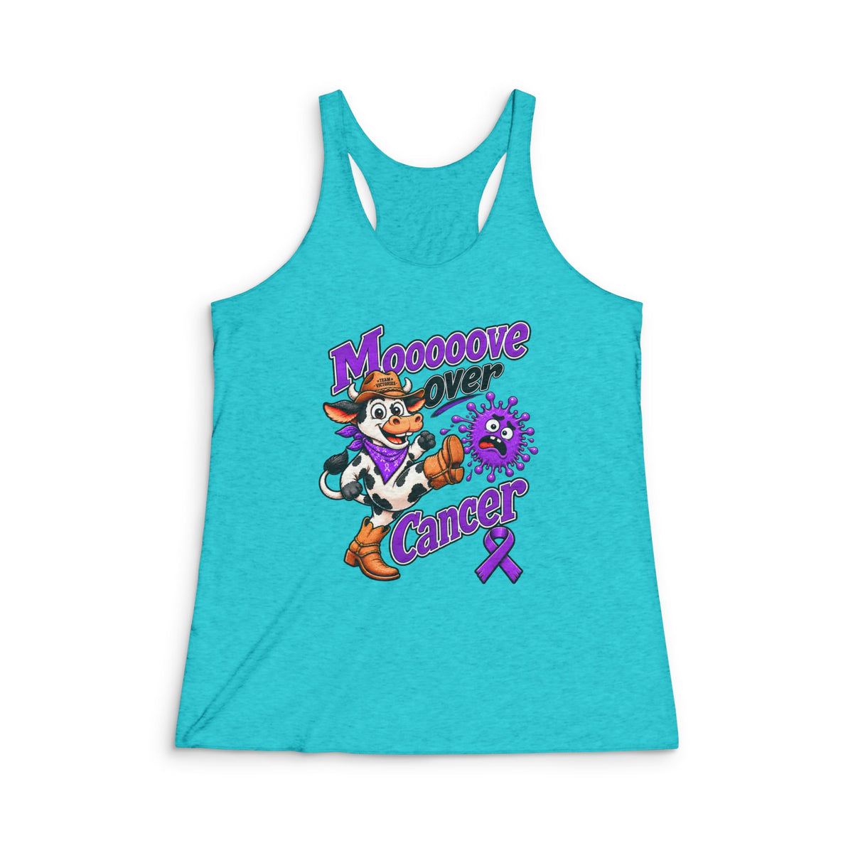 Turquoise Moooove Over Cancer racerback tank with a Pancreatic Cancer awareness ribbon design