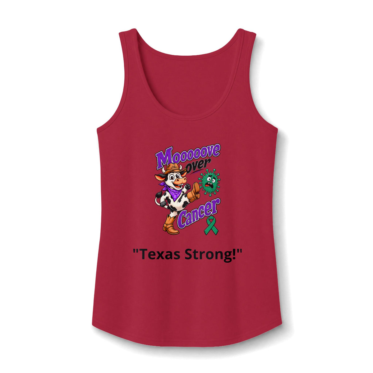 Red Moooove Over Cancer Texas Strong tank top with Liver Cancer awareness ribbon design