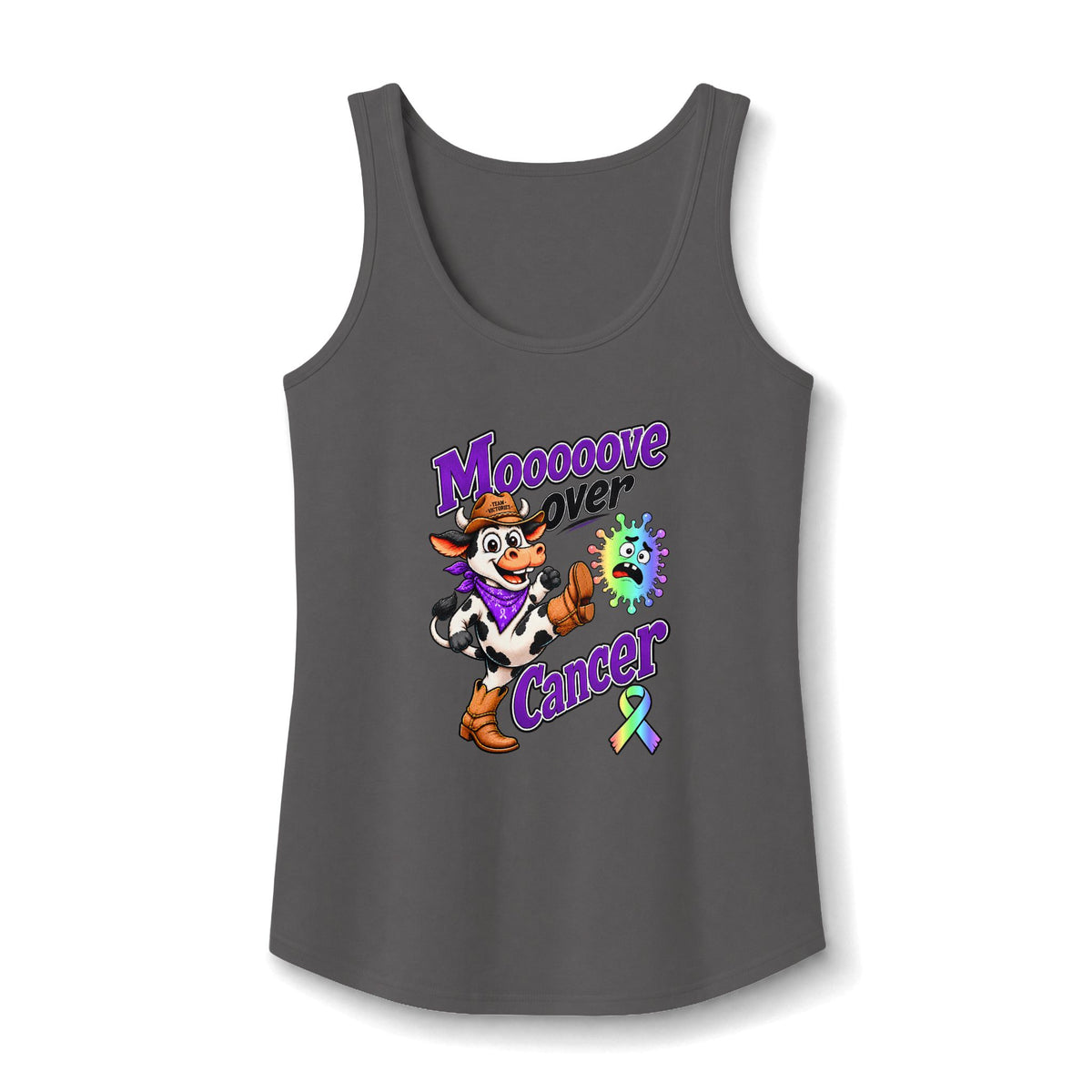 Charcoal Moooove Over Cancer tank top with all-cancer awareness ribbon design