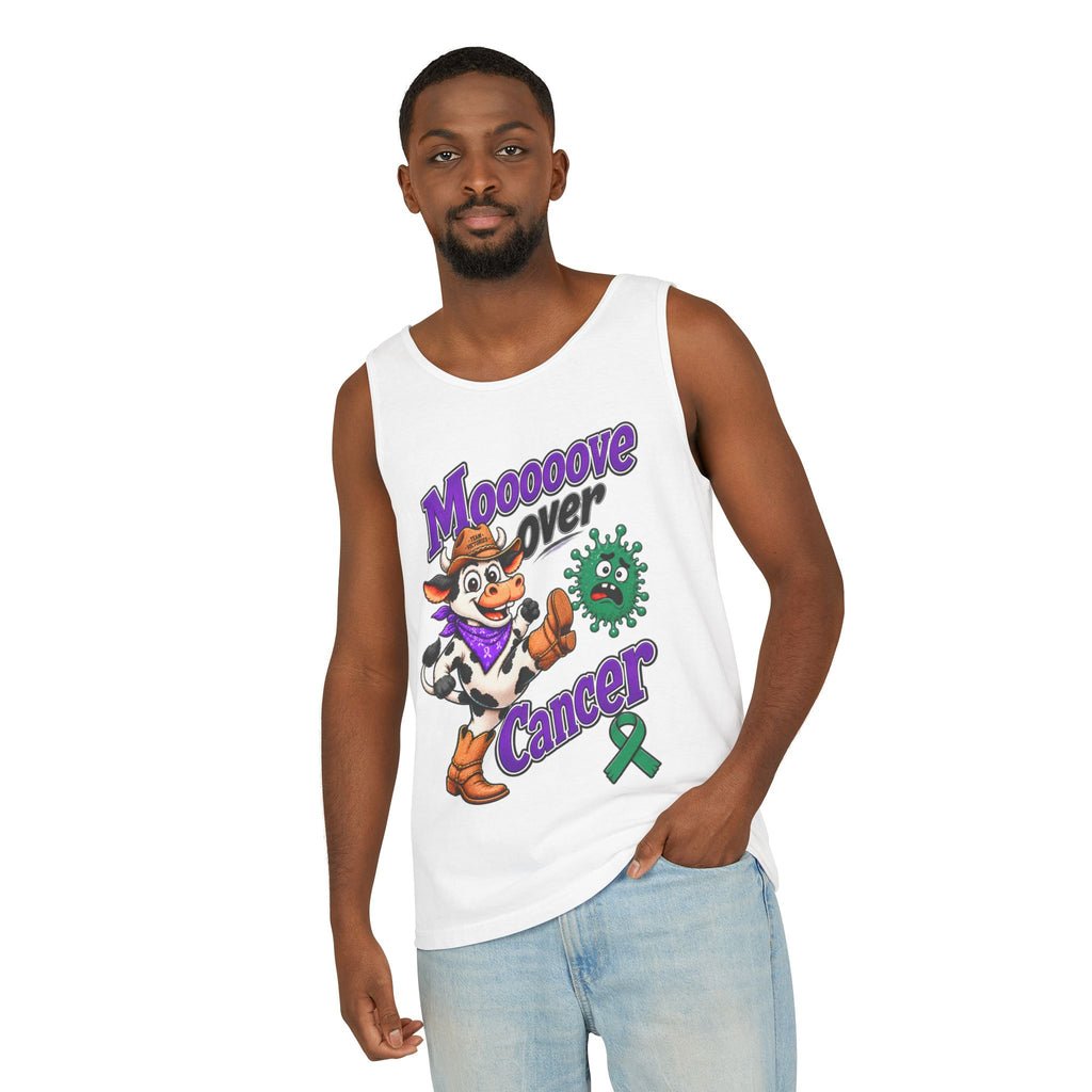 Man modeling white Moooove Over Cancer tank top with cow design and Liver Cancer awareness ribbon