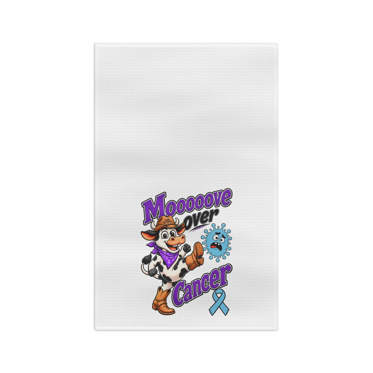 Moooove Over Cancer microfiber tea towel with colorful cow artwork and blue awareness ribbon
