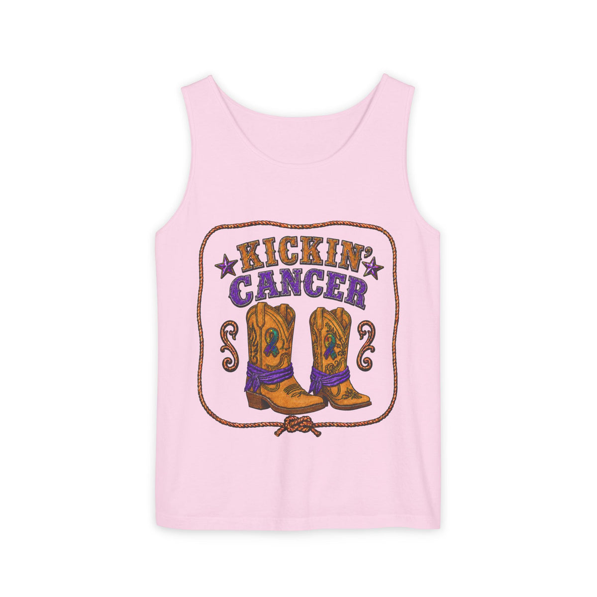 Pink Kickin' Cancer tank top with Western boots and purple awareness ribbon