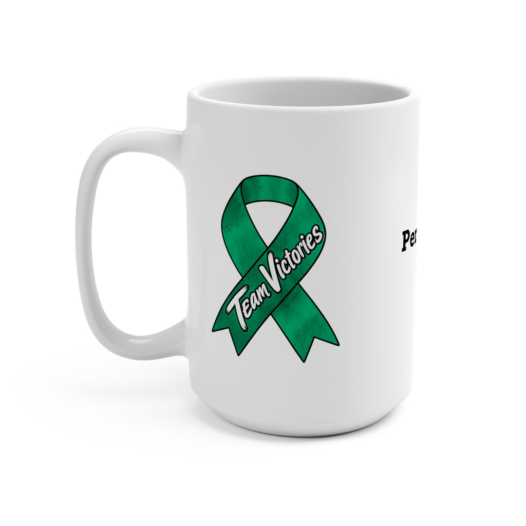Team Victories Moooove Over Cancer mug with a Liver Cancer awareness ribbon