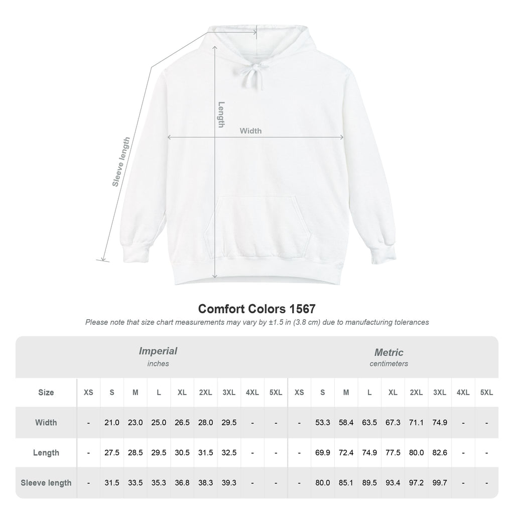 White Cancer hoodie measurement chart showing width, length, and sleeve length
