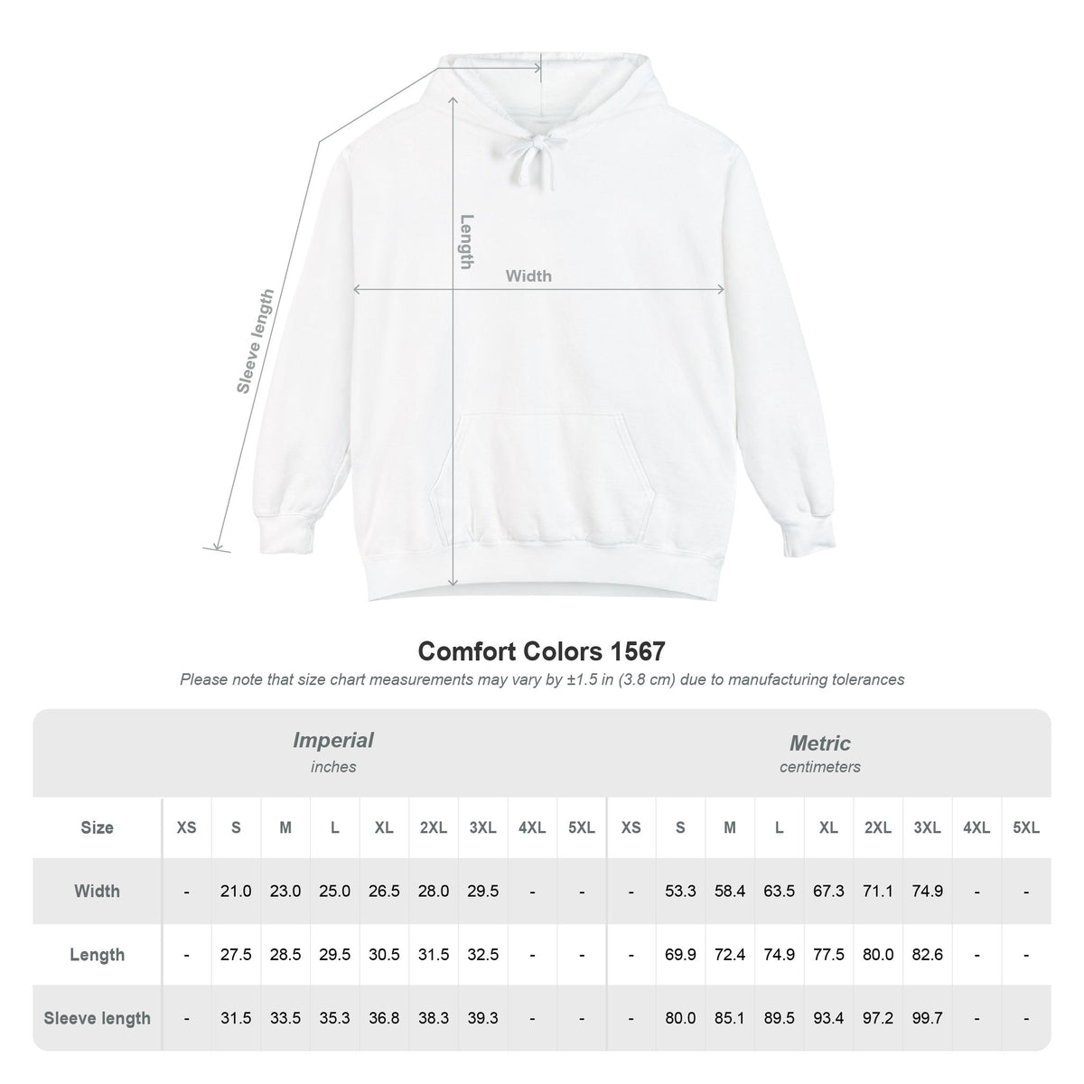 White Cancer hoodie measurement chart showing width, length, and sleeve length