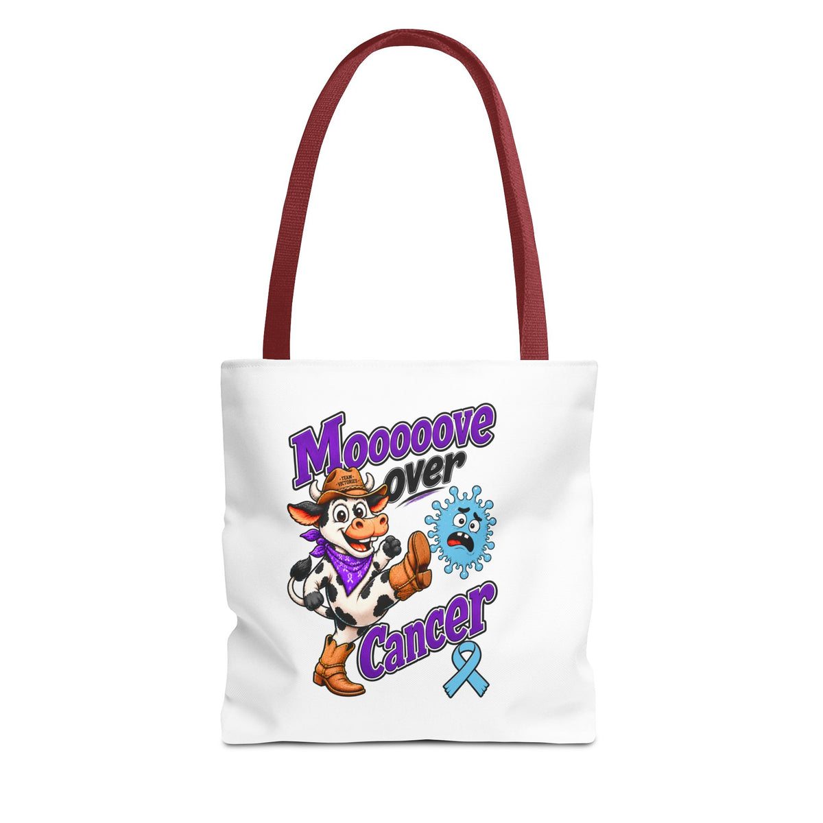 Model wearing Moooove Over Cancer tote over the shoulder with Prostate Cancer awareness design