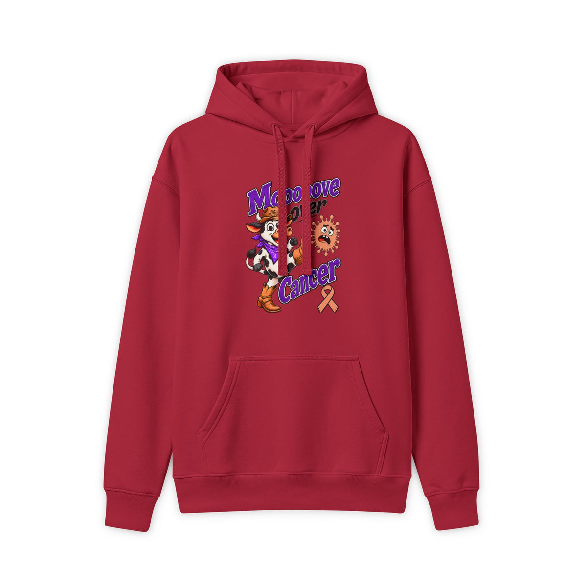 Red Moooove Over Cancer hoodie with character graphic and Uterine Cancer awareness ribbon