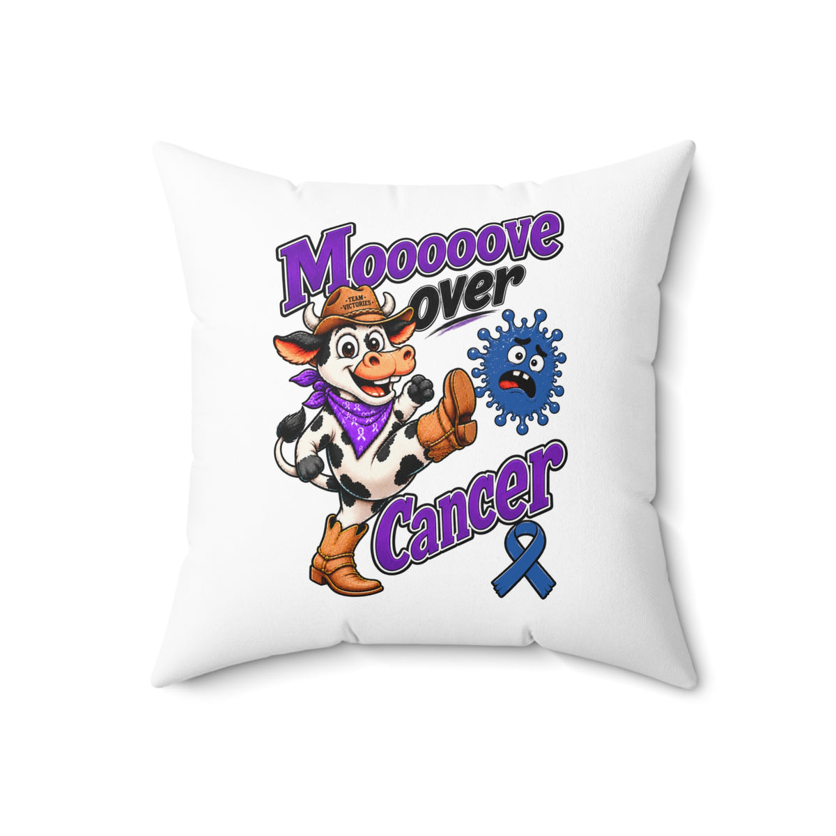 Close view of Moooove Over Cancer throw pillow with cowgirl and Colon Cancer ribbon design