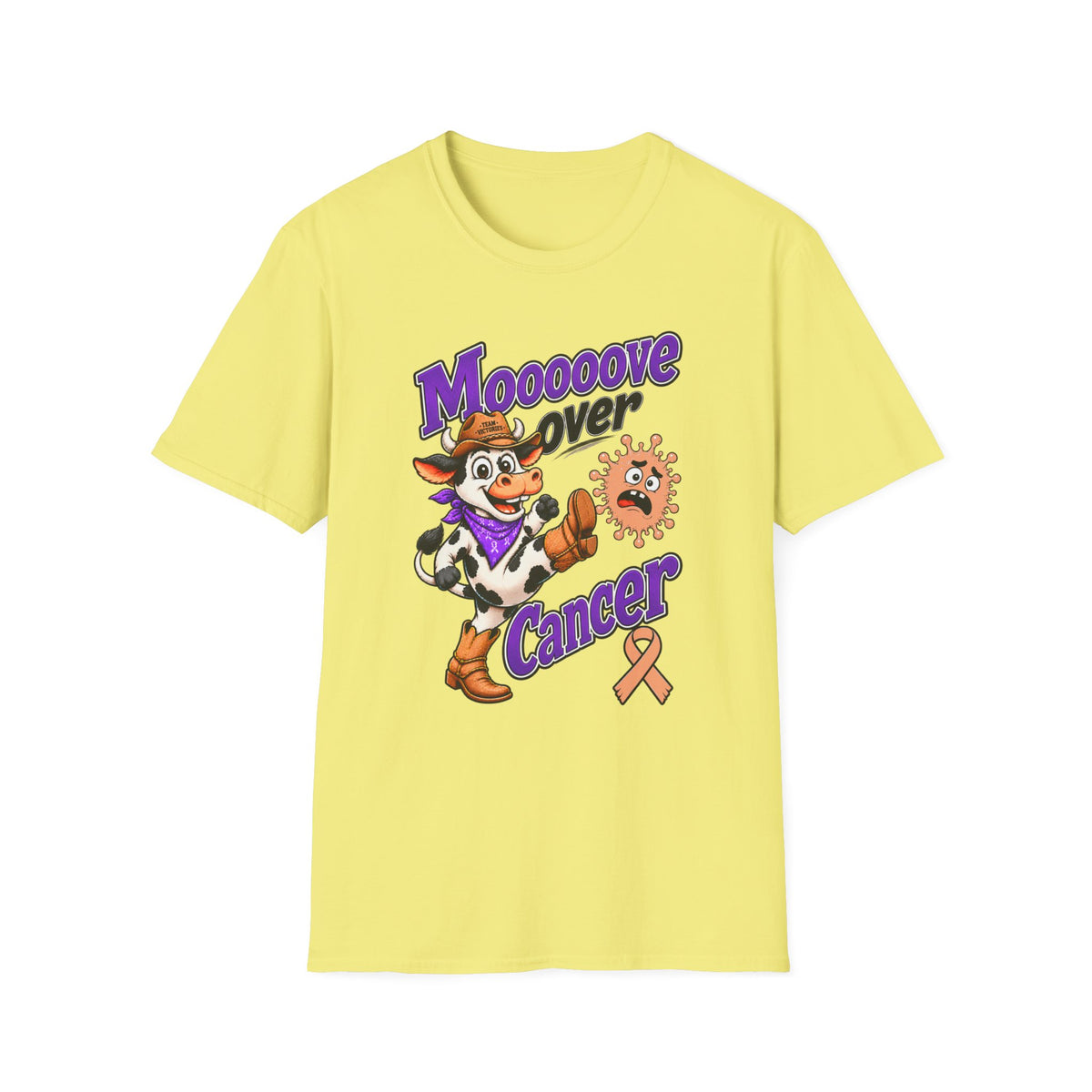 Moooove Over Cancer T-Shirt with cowgirl artwork and Uterine Cancer awareness ribbon on yellow