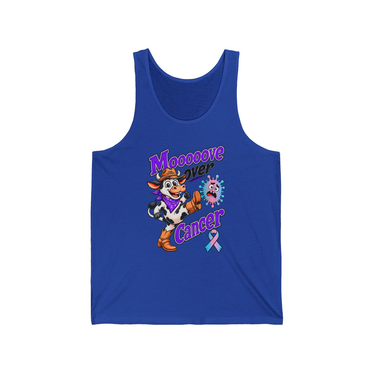Blue Moooove Over Cancer tank top with cow artwork and Thyroid Cancer awareness ribbon