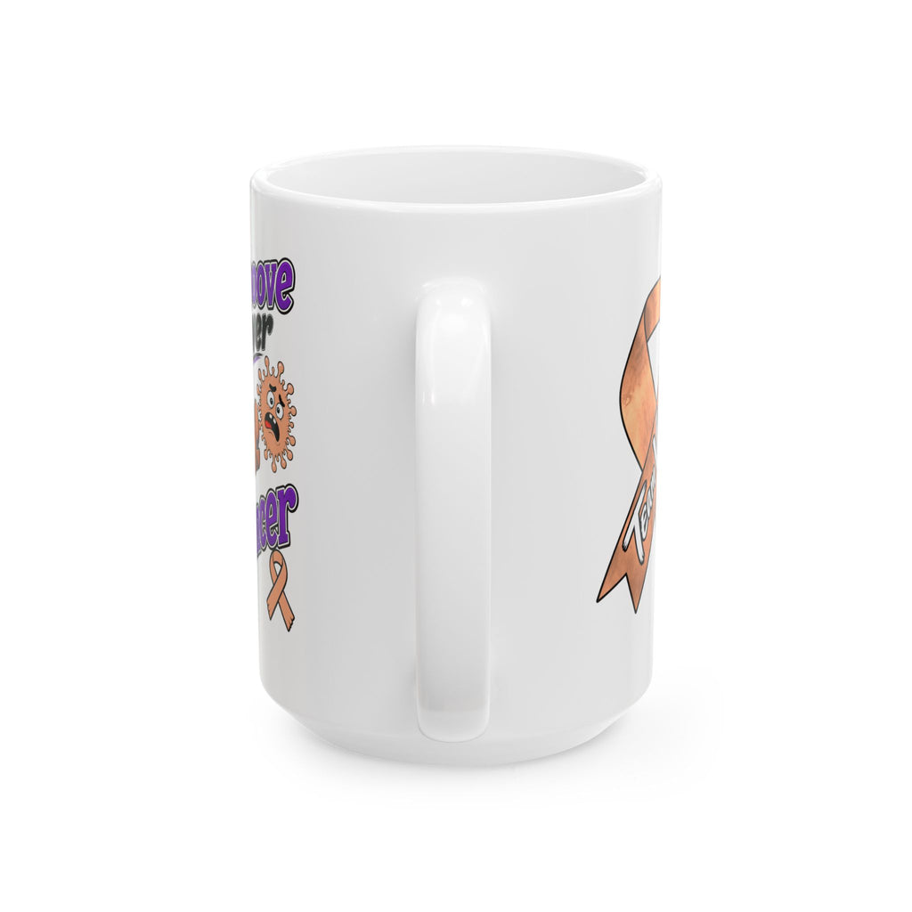 Side profile of Moooove Over Cancer mug showing its glossy finish and C-handle