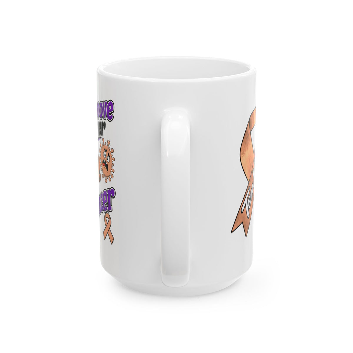 Side profile of Moooove Over Cancer mug showing its glossy finish and C-handle