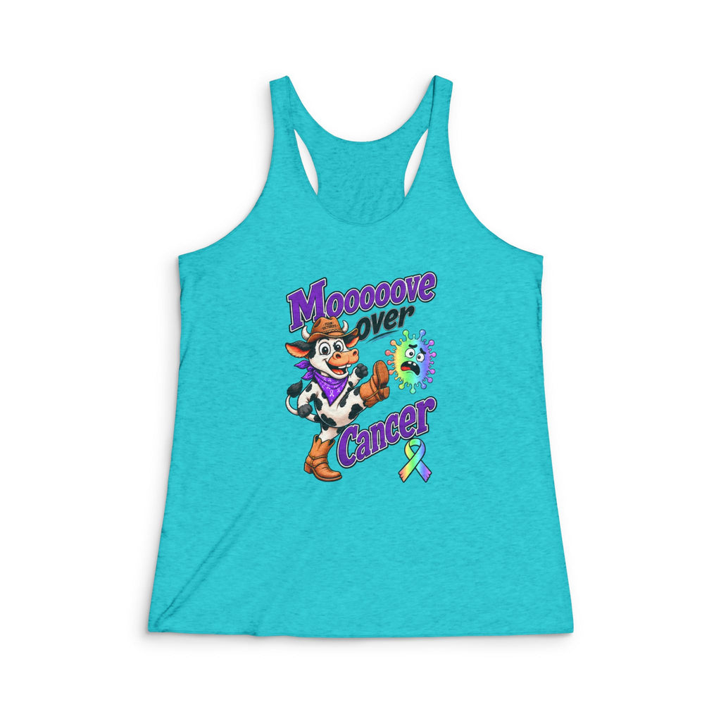 Moooove Over Cancer turquoise racerback tank top with cow design and all-cancer awareness ribbon