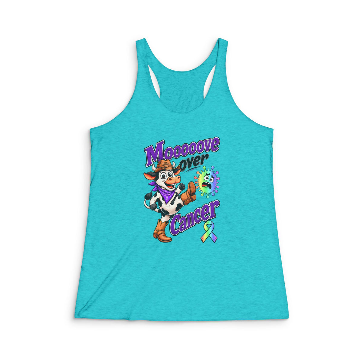 Moooove Over Cancer turquoise racerback tank top with cow design and all-cancer awareness ribbon