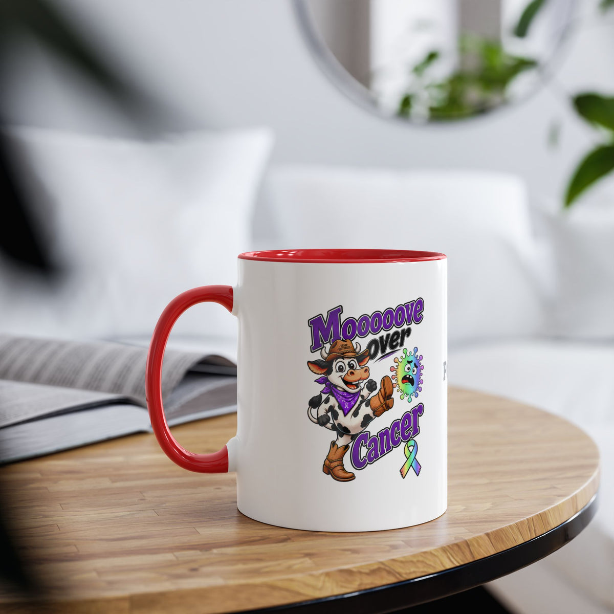 Side view of red Moooove Over Cancer mug showing its easy-grip handle