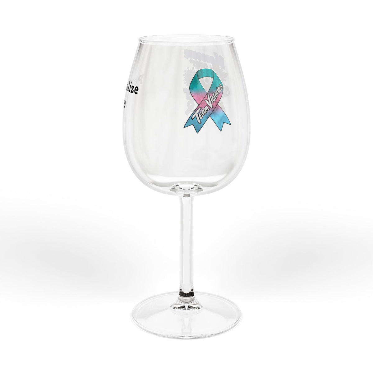Moooove Over Cancer wine glass featuring a Team Victories awareness ribbon