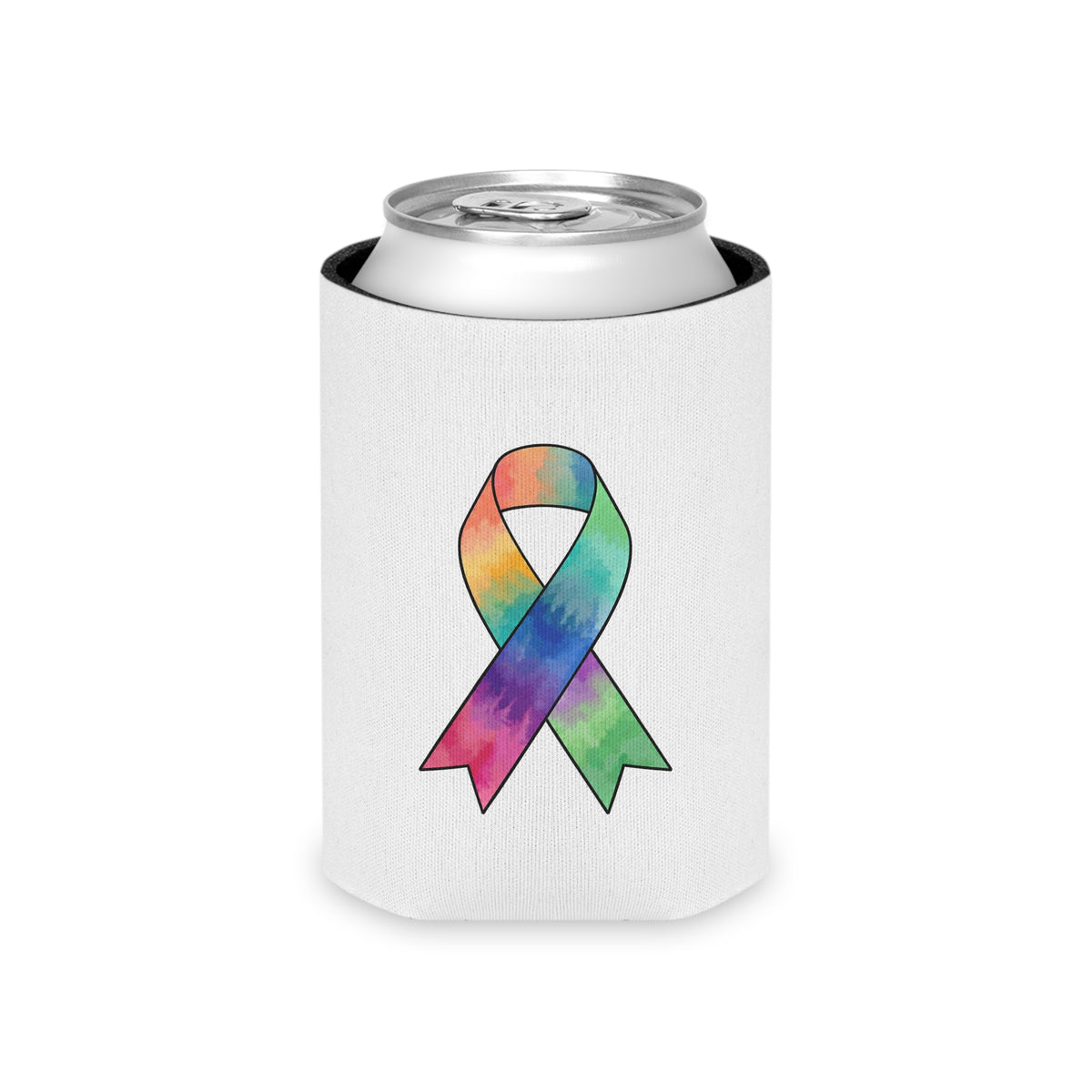 Back of white Regular Can cooler with colorful awareness ribbon artwork