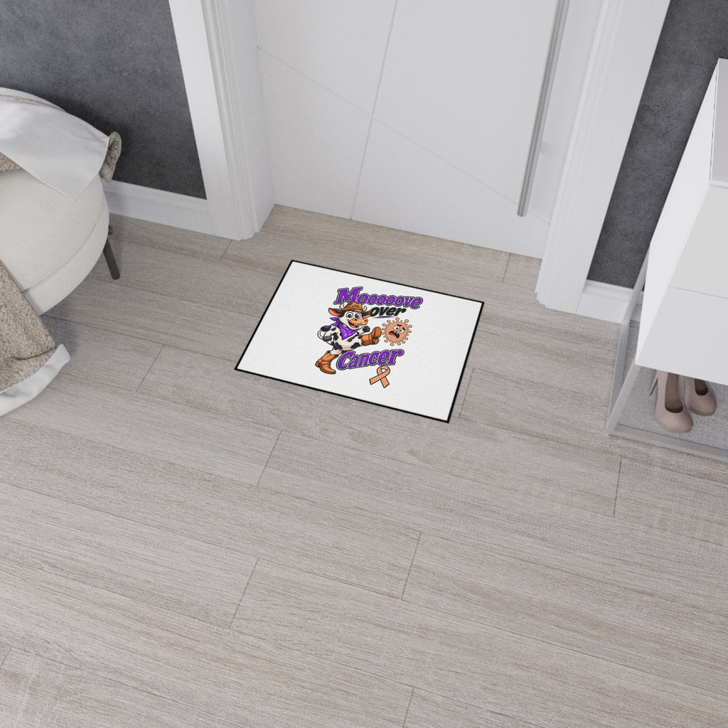 Moooove Over Cancer entry rug shown near a door with Uterine Cancer awareness artwork