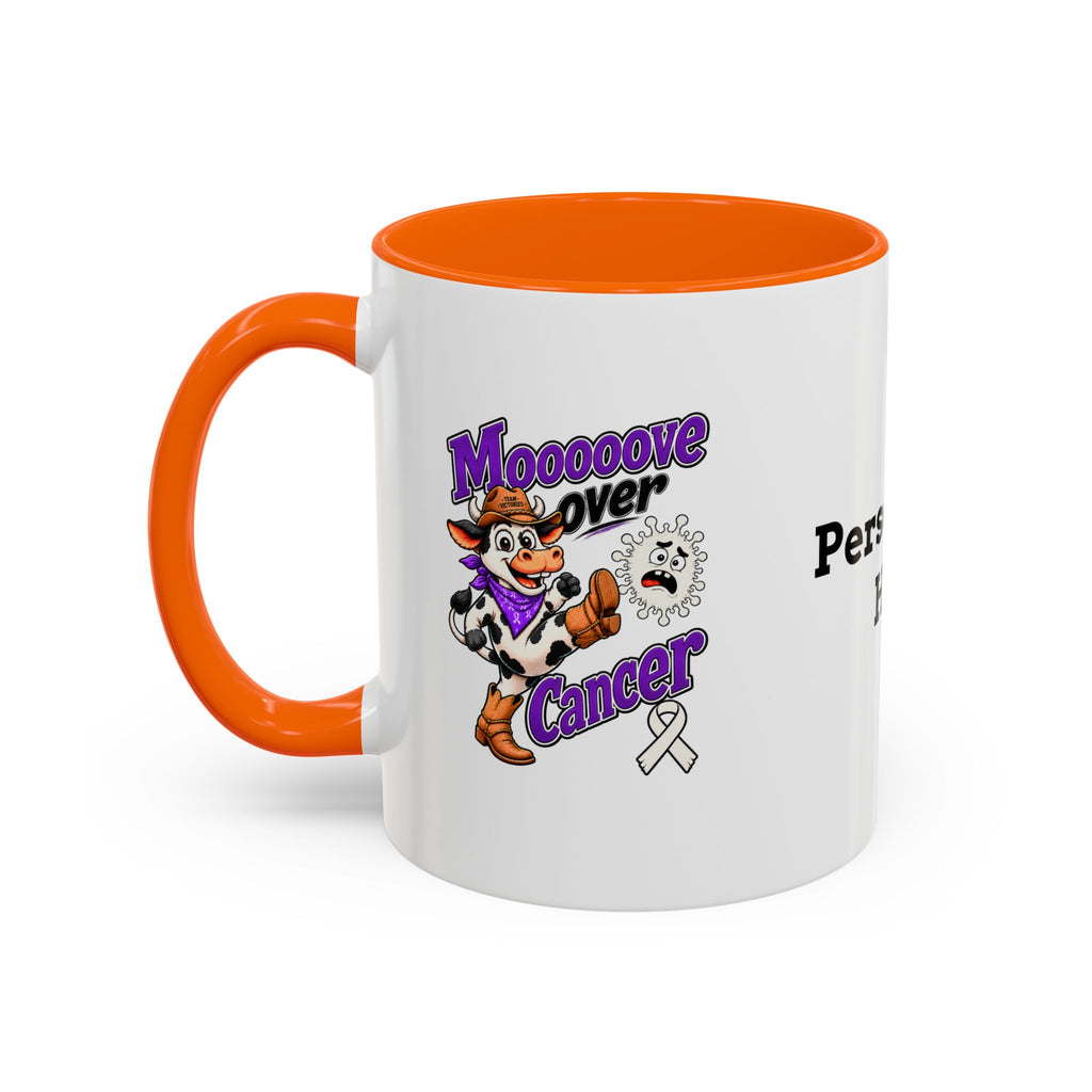 Moooove Over Cancer mug showing Team Victories ribbon artwork with orange handle