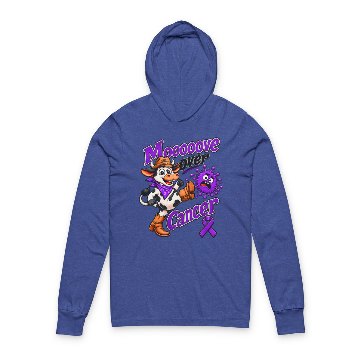 Blue Moooove Over Cancer hooded long-sleeve tee with Pancreatic Cancer awareness design