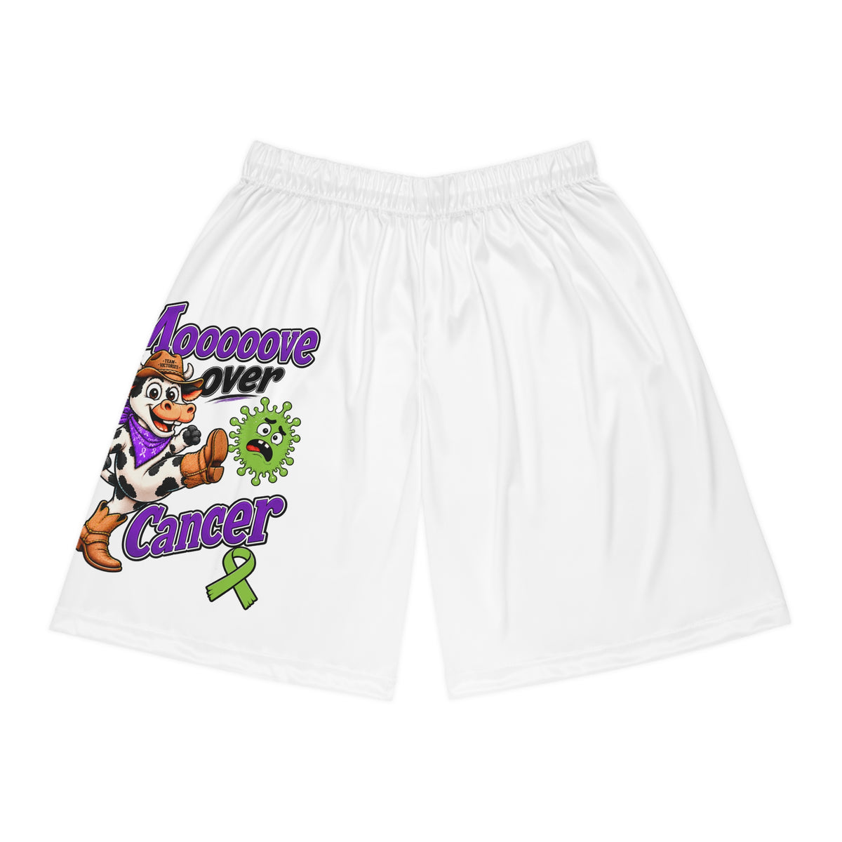 Moooove Over Cancer basketball shorts with colorful cow and green ribbon artwork, front view