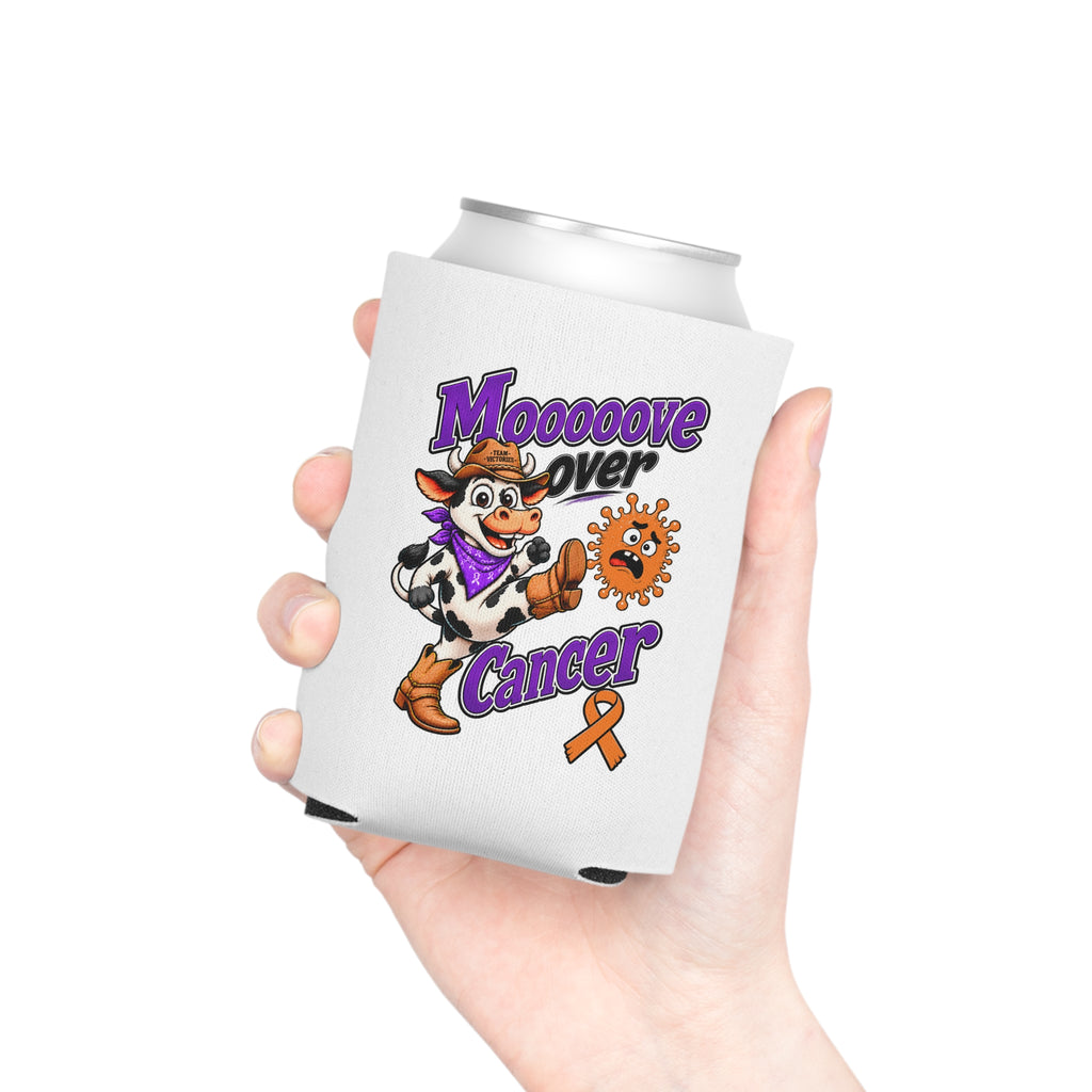 Moooove Over Cancer cow can cooler held in one hand