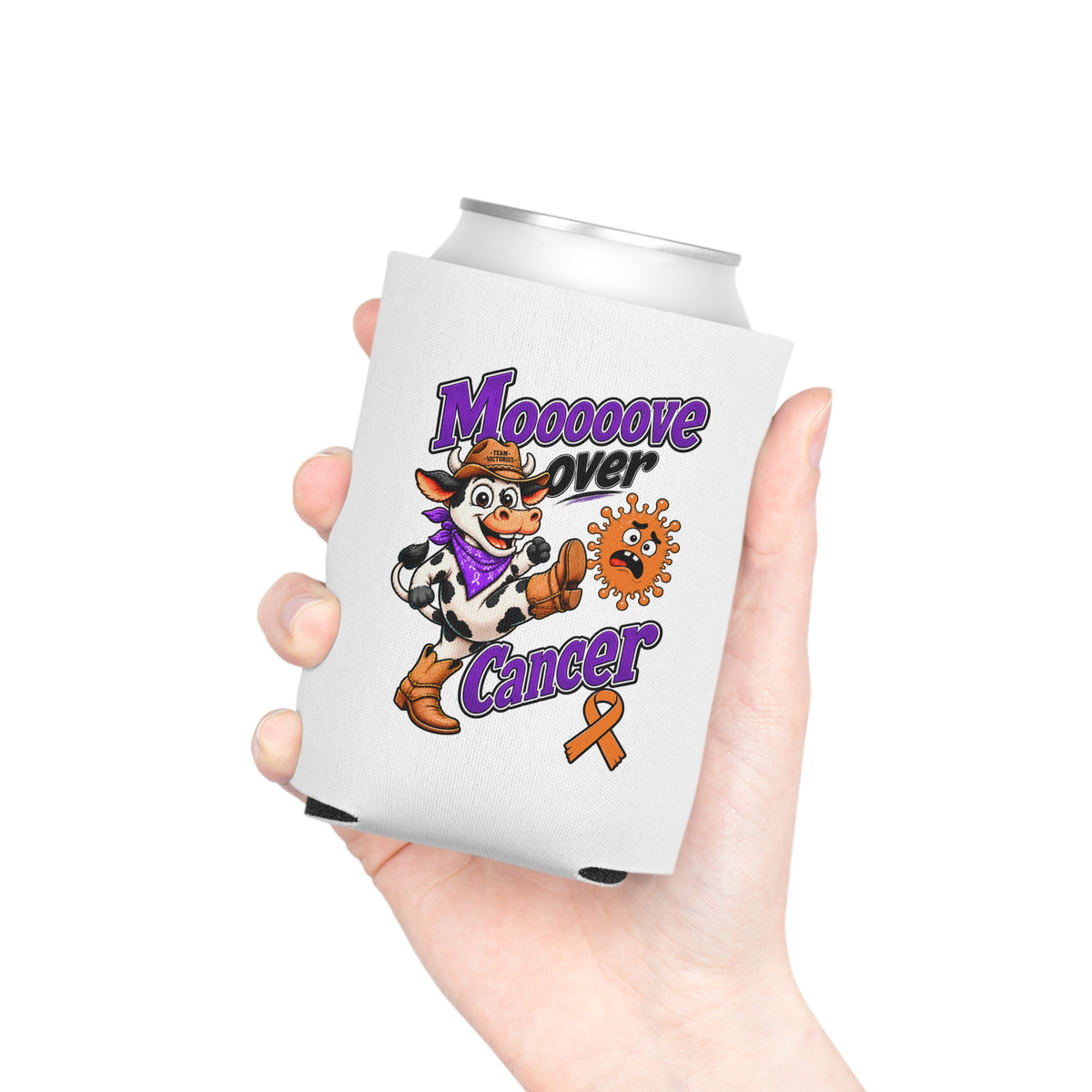 Moooove Over Cancer cow can cooler held in one hand
