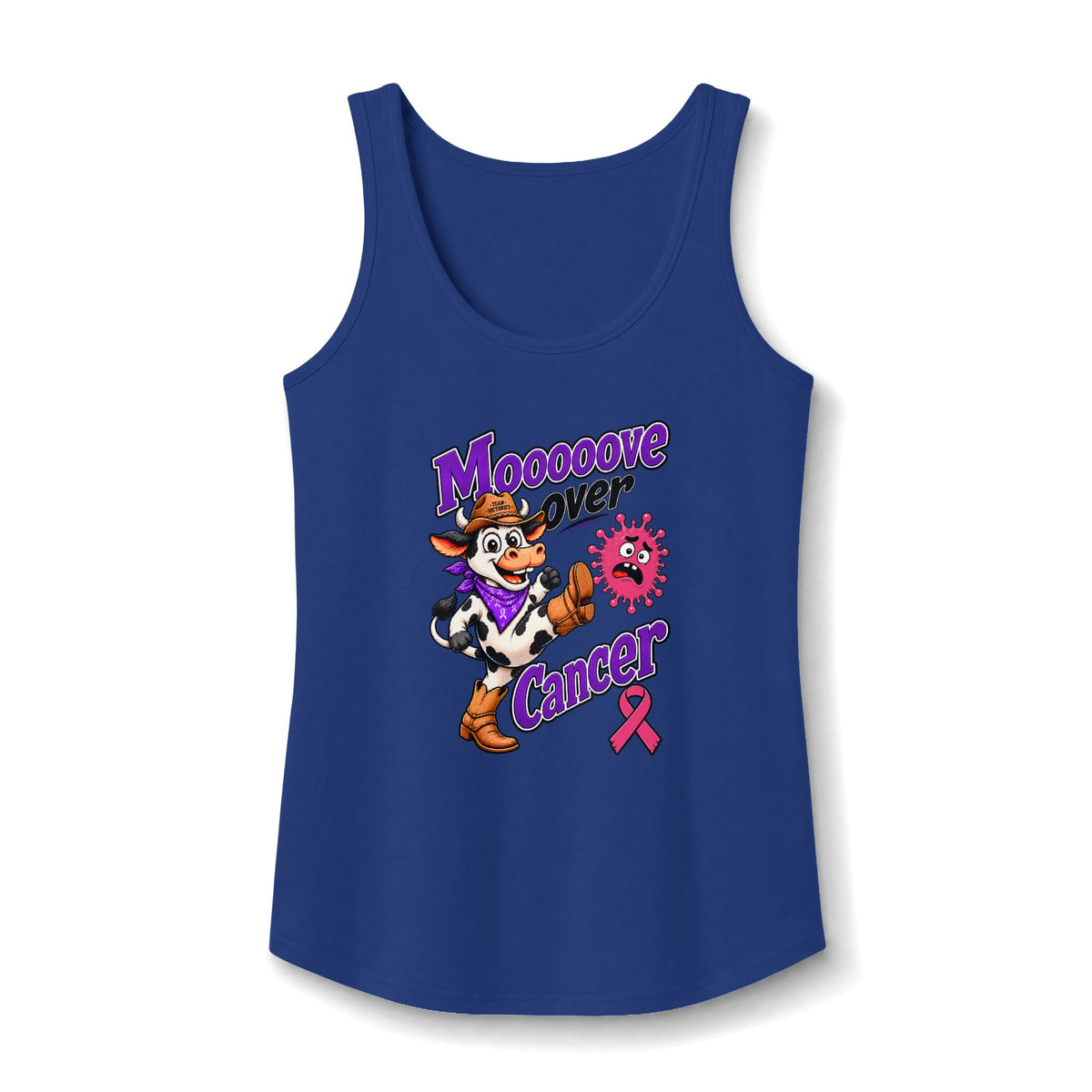 Royal blue Moooove Over Cancer tank top with Breast Cancer awareness ribbon artwork