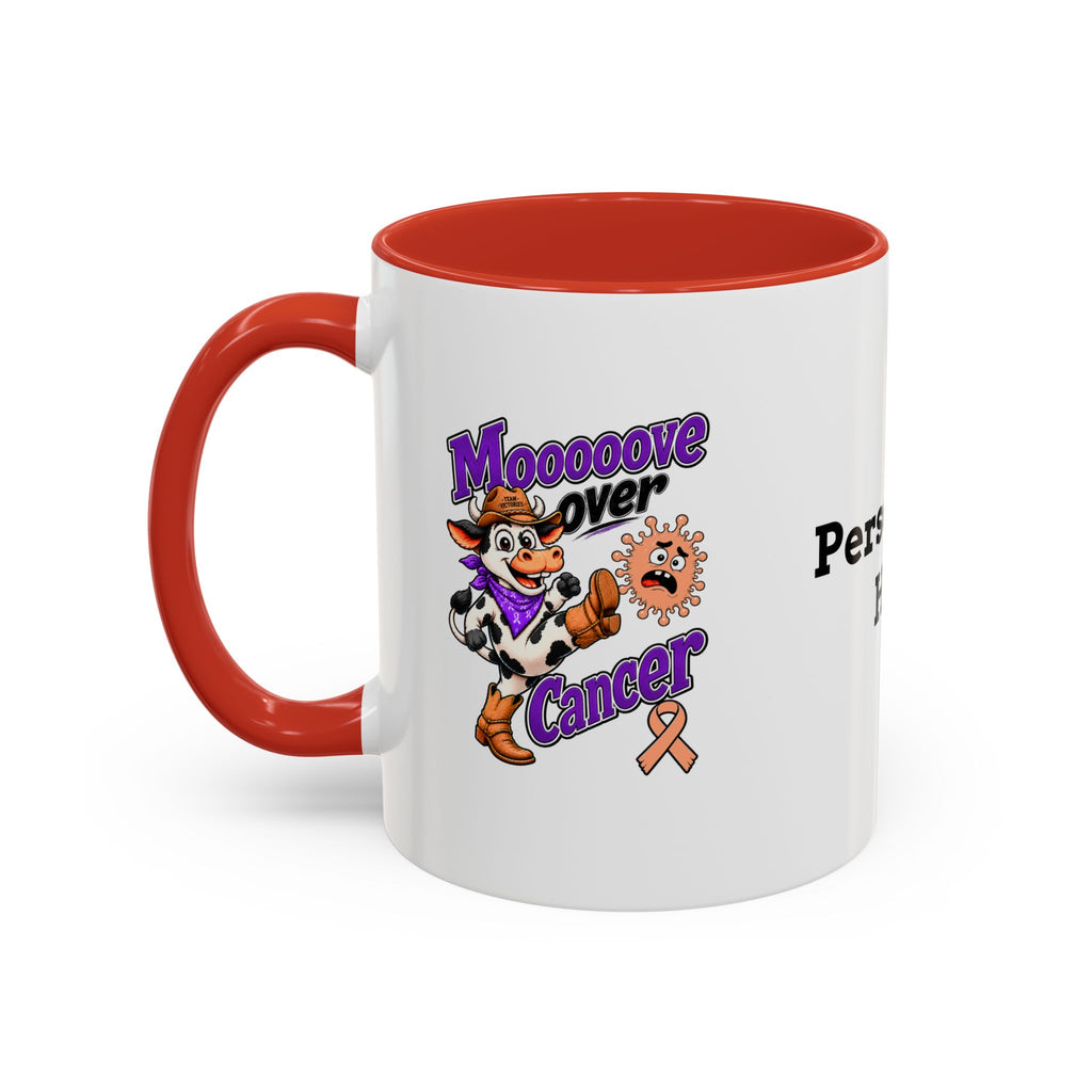 Moooove Over Cancer mug with Team Victories Uterine Cancer awareness ribbon and red handle