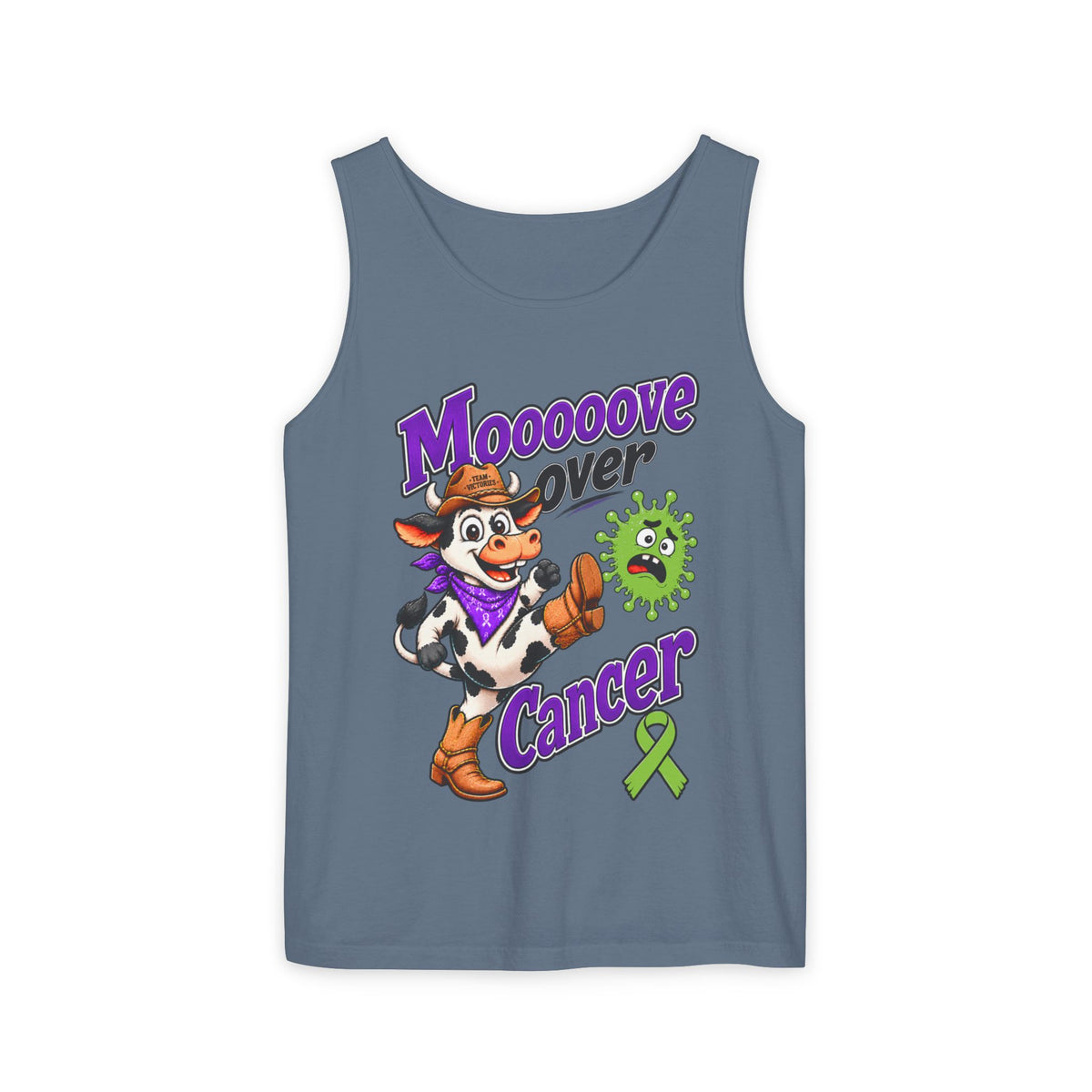 Moooove Over Cancer tank top with cow artwork on slate blue fabric