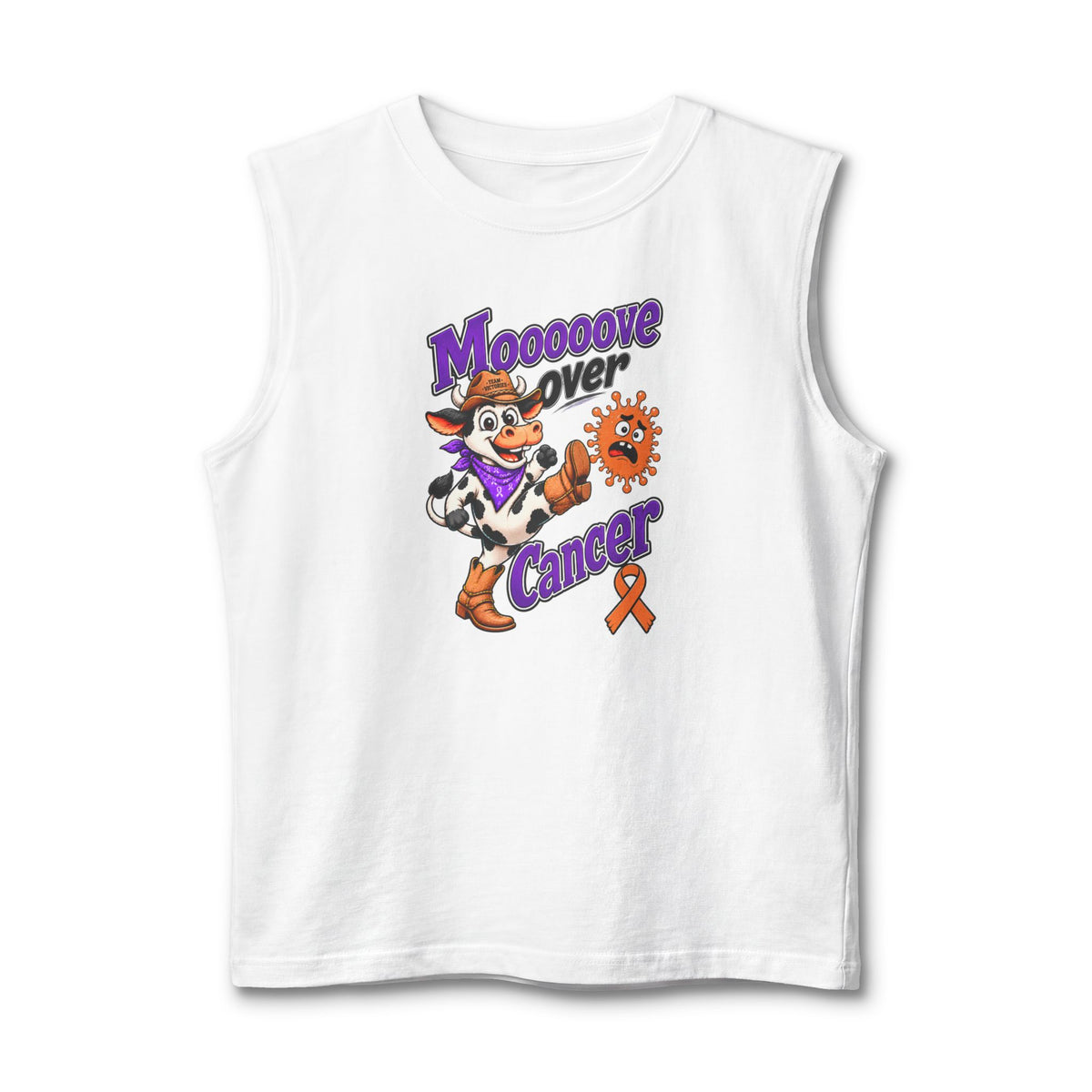 White Moooove Over Cancer tank top with Leukemia/Kidney Cancer awareness ribbon design