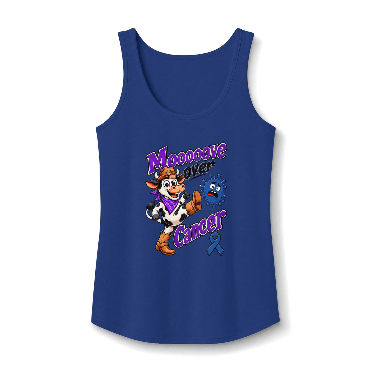 Moooove Over Cancer tank top with Colon Cancer awareness ribbon on a blue tank