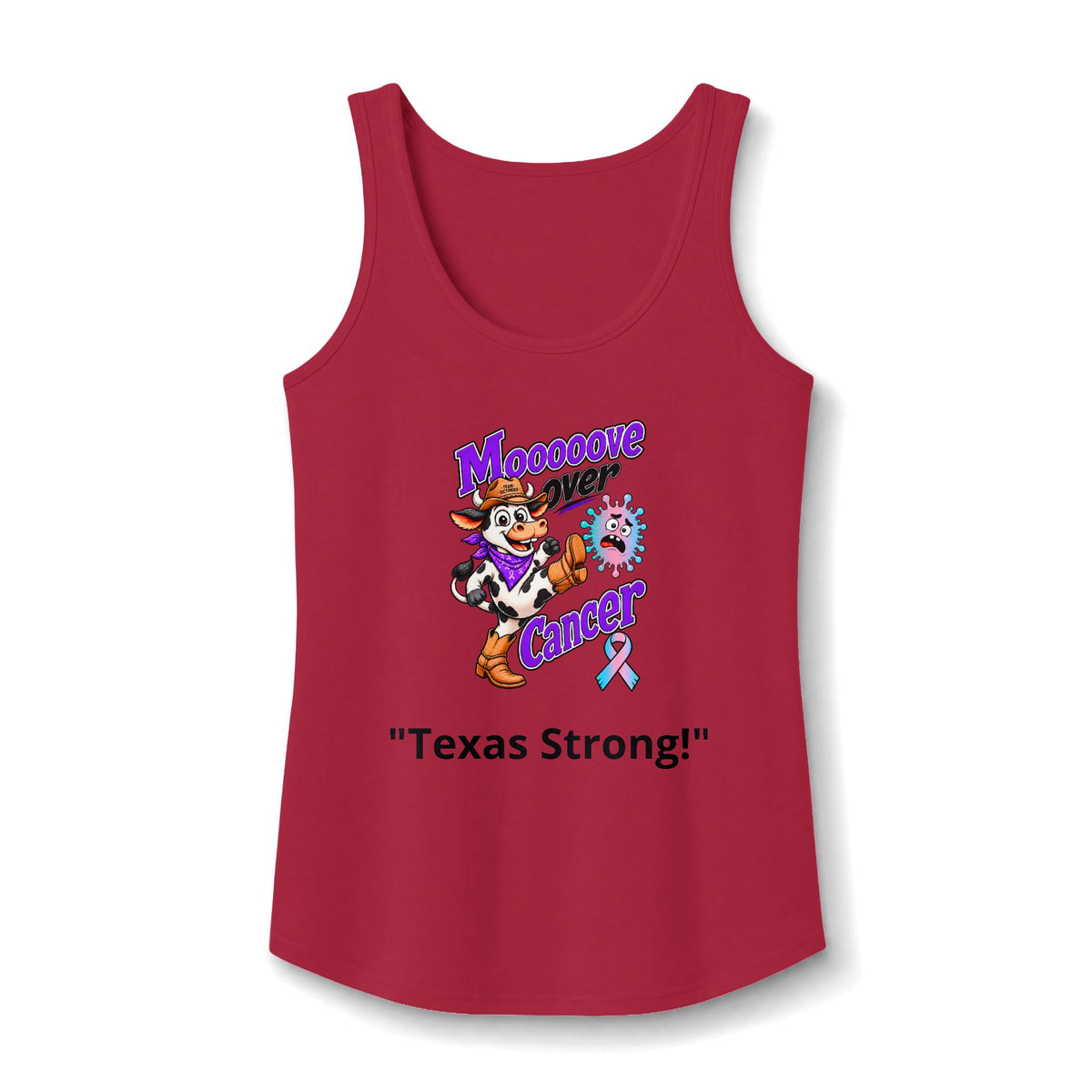 Moooove Over Cancer Texas Strong tank top with Thyroid Cancer awareness ribbon, red