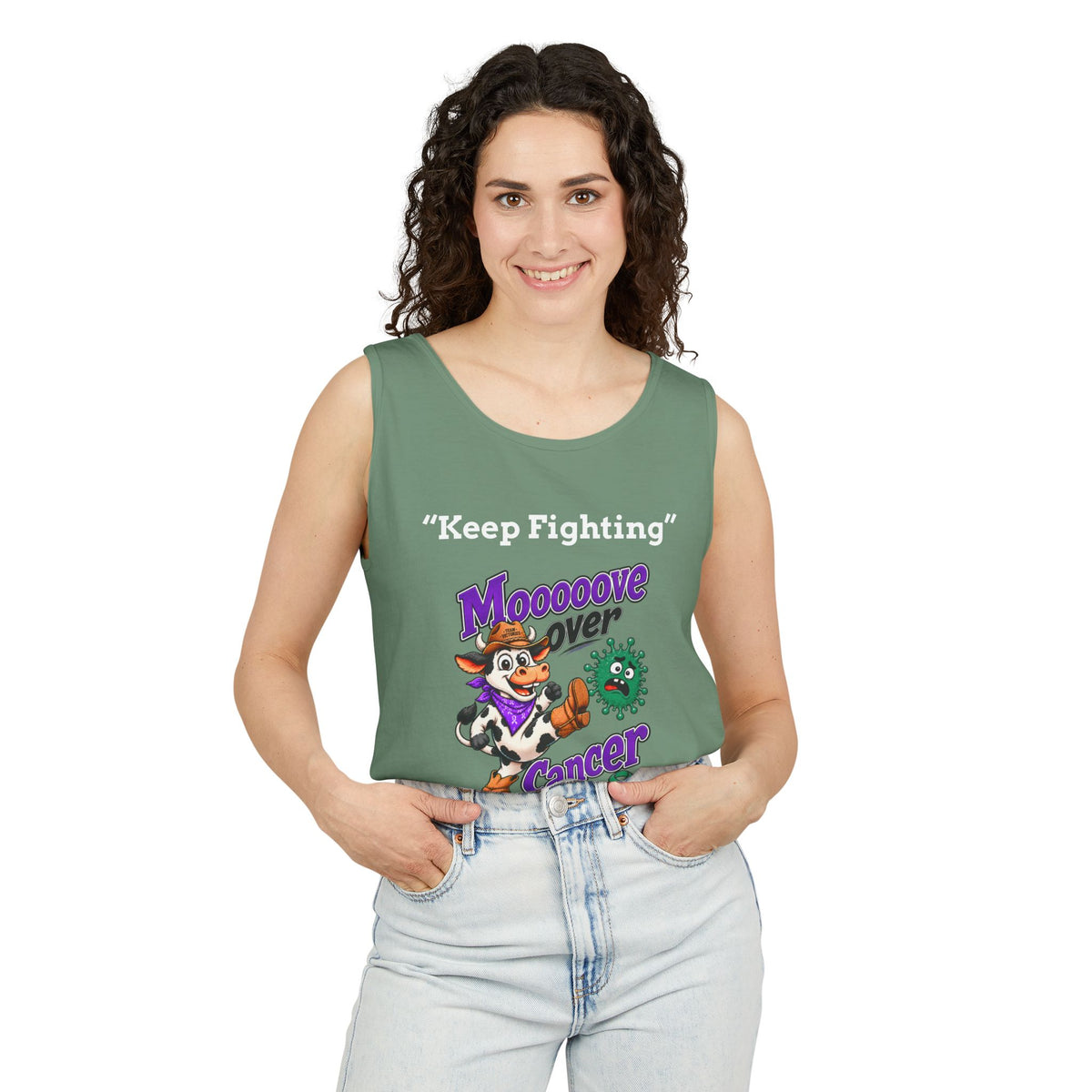 Man modeling a light gray Moooove Over Cancer tank top with You Got This message
