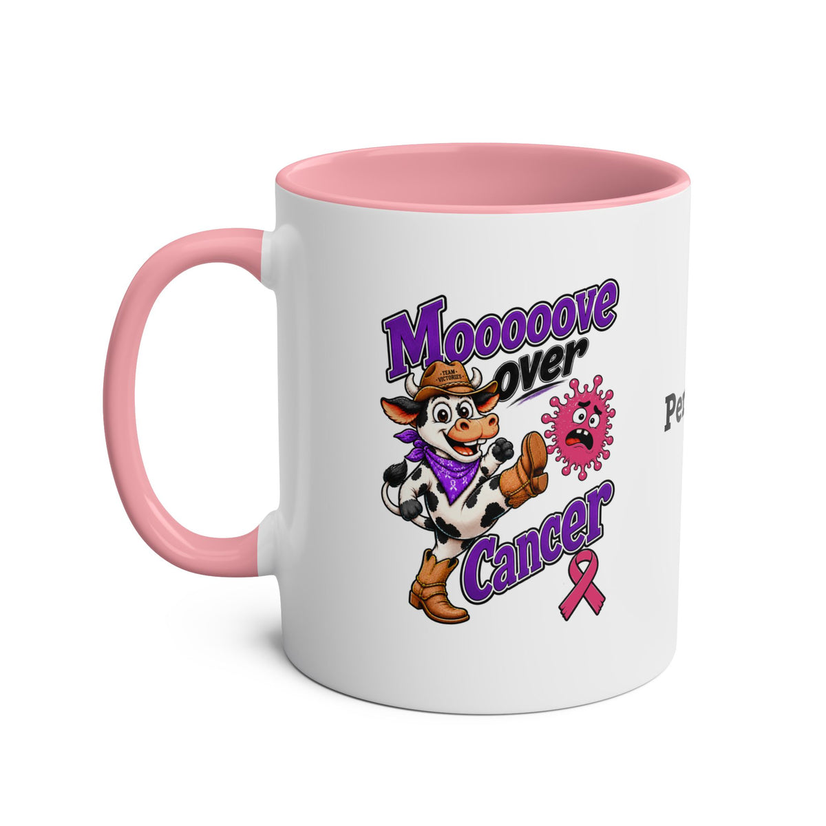 Moooove Over Cancer two-tone mug with pink handle and interior