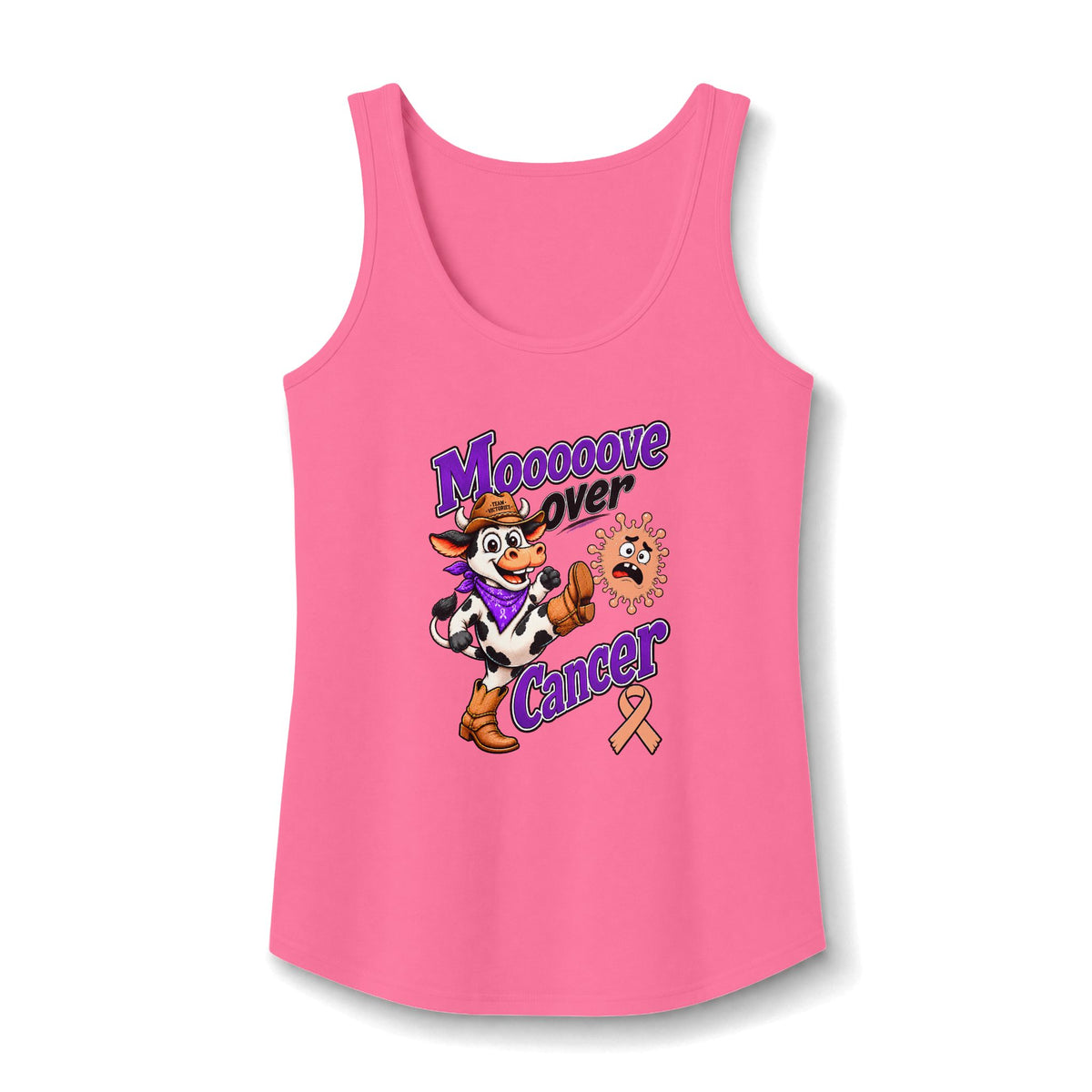 Pink Moooove Over Cancer tank top with cow graphic and Uterine Cancer awareness ribbon