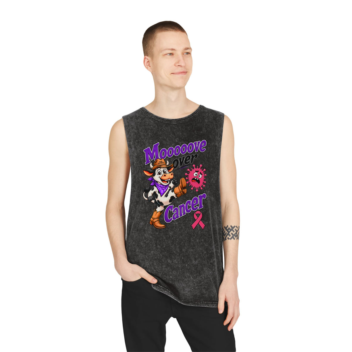 Model wearing the Moooove Over Cancer tank top with Breast Cancer awareness ribbon artwork