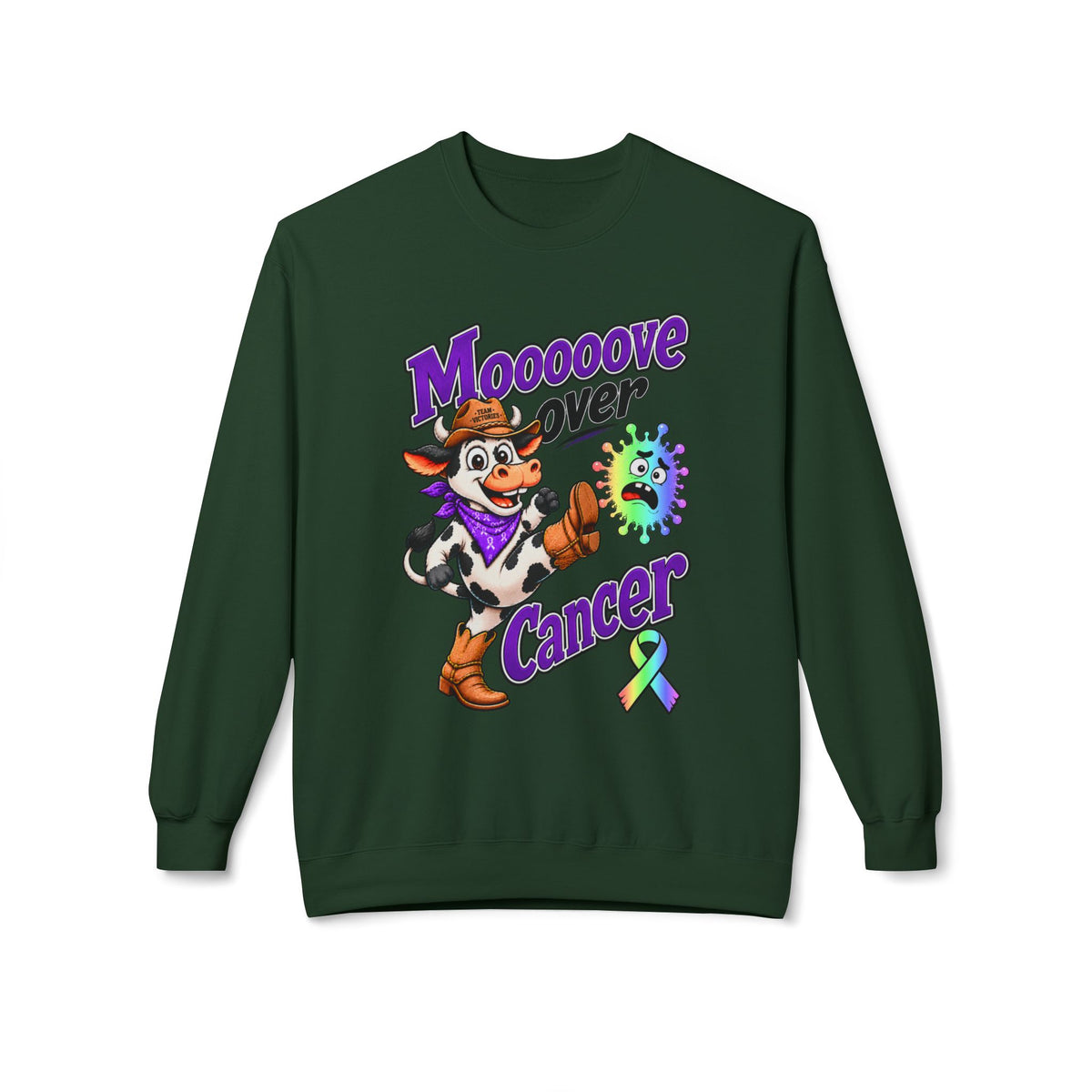 Beige Moooove Over Cancer crewneck with cow graphic and all-cancer awareness ribbon