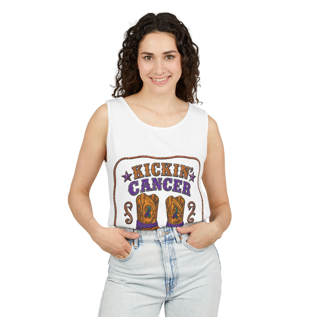 Woman wearing a white Kickin' Cancer tank top with Western boot artwork