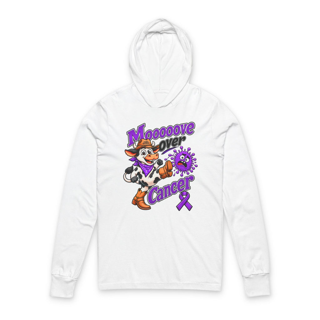 Moooove Over Cancer hooded long-sleeve tee with cow design and purple Pancreatic Cancer awareness ribbon