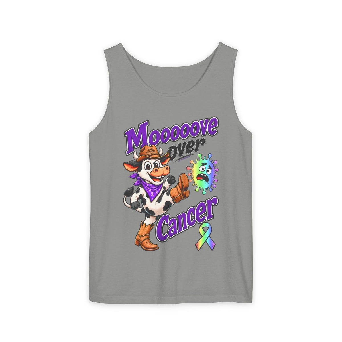 Light gray Moooove Over Cancer tank top with cowgirl and all-cancer awareness ribbon