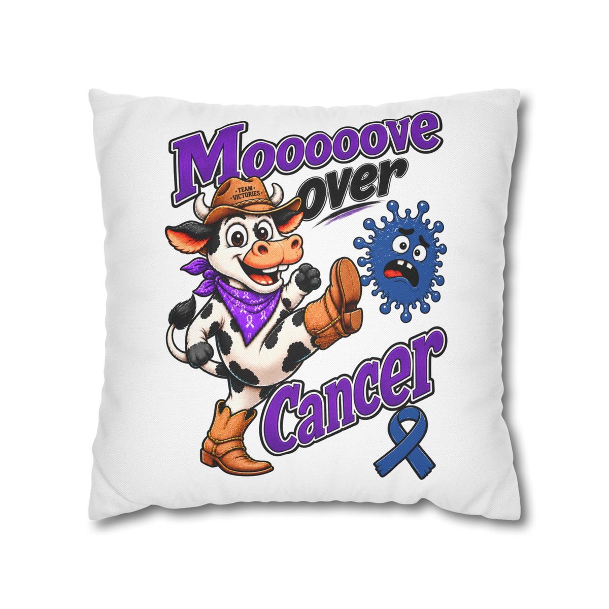 Front of Moooove Over Cancer pillow case with playful cow and Colon Cancer awareness ribbon