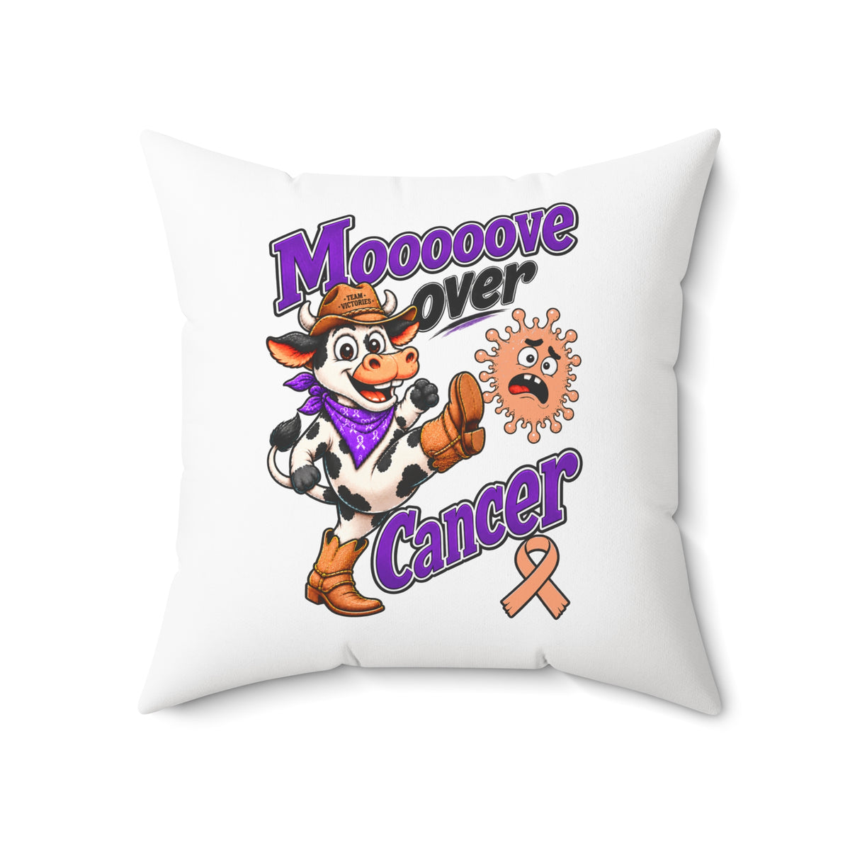Close front view of Moooove Over Cancer throw pillow artwork