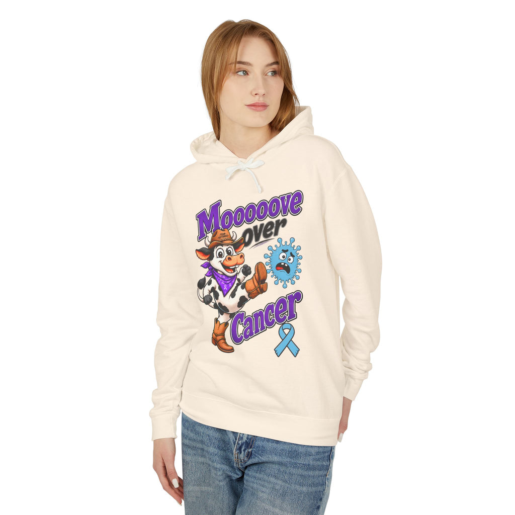 Woman wearing the Moooove Over Cancer hoodie with Prostate Cancer awareness ribbon